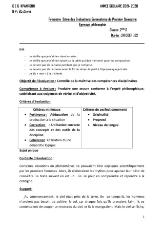 Première page de Philosophie 2nde D — 1re évaluation sommative, 1er semestre (2019-2020) · CEG Kpanroun