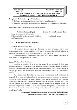 Première page de Histoire-Géographie Tle A2 — 2e devoir surveillé, 2e semestre (2018-2019) · CEG BOUCA
