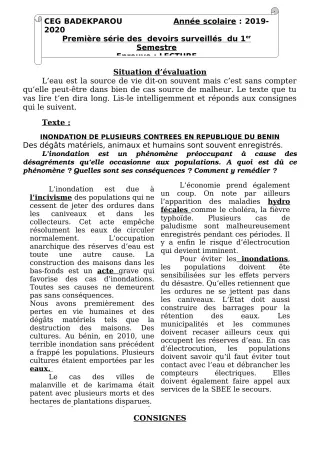 Première page de Français 3e, 3e ML — 1er devoir surveillé, 1er semestre (2019-2020) · CEG BADEKPAROU