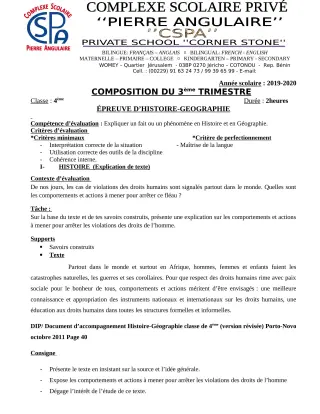 Première page de Histoire-Géographie 4e, 4e ML — Composition (2019-2020) · CPEG PIERRE ANGULAIRE