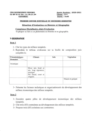 Première page de Histoire-Géographie 5e — 1er devoir surveillé (2020-2021) · CEG Kouhounou-Vêdoko