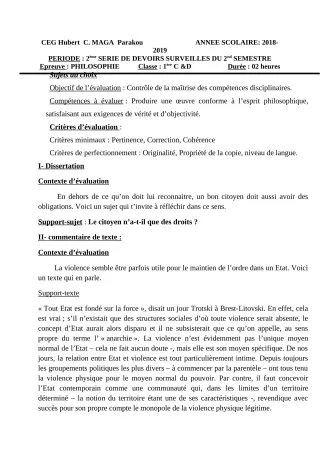 Première page de Philosophie 1ère C, 1ère D — 2e devoir surveillé, 2e semestre (2018-2019) · CEG Hubert C. MAGA