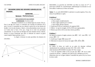 Première page de Mathématiques 5e — 2e devoir surveillé (2018-2019) · CEG Kpébié