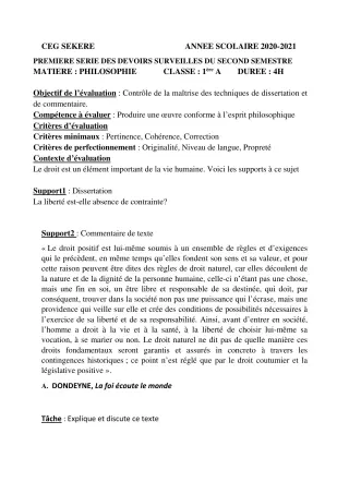 Première page de Philosophie 1ère A2 — 1er devoir surveillé, 2e semestre (2020-2021) · CEG SEKERE