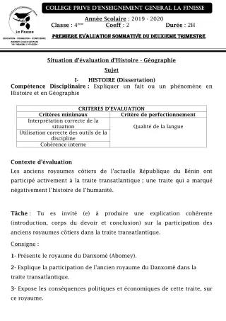 Première page de Histoire-Géographie 4e — 1re évaluation sommative, 2e trimestre (2019-2020) · CPEG La Finesse