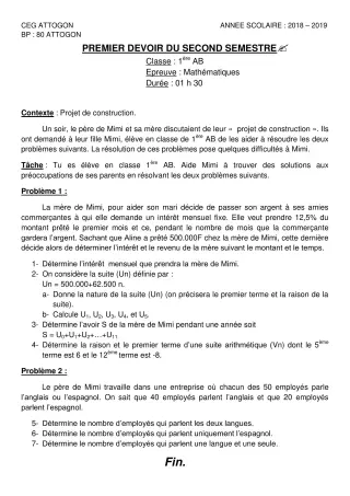 Première page de Mathématiques 1ère A & B — 1er devoir surveillé, 2e semestre (2018-2019) · CEG Attogon