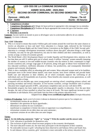 Première page de Anglais Tle A2 — 2e devoir surveillé, 2e semestre (2023-2024) · CEG SEKERE