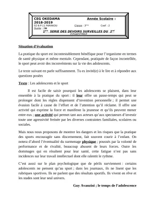 Première page de Français 3e — 1er devoir surveillé, 2e semestre (2018-2019) · CEG OKEDAMA
