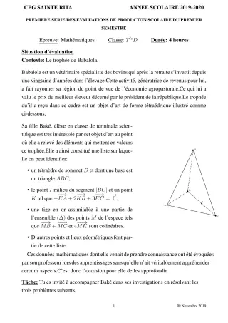 Première page de Mathématiques Tle D — 1re évaluation sommative, 1er semestre (2019-2020) · CEG Sainte Rita