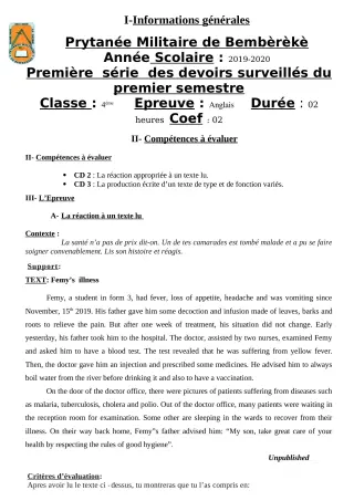 Première page de Anglais 4e — 1er devoir surveillé, 1er semestre (2019-2020) · PMB