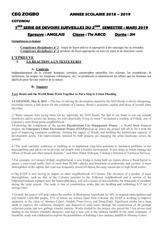 Première page de Anglais Tle A1, Tle A2, Tle B, Tle C, Tle D — 1er devoir surveillé, 2e semestre (2018-2019) · CEG ZOGBO