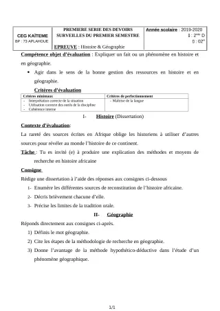 Première page de Histoire-Géographie 2nde D — 1er devoir surveillé, 1er semestre (2019-2020) · CEG Kaïtèmè
