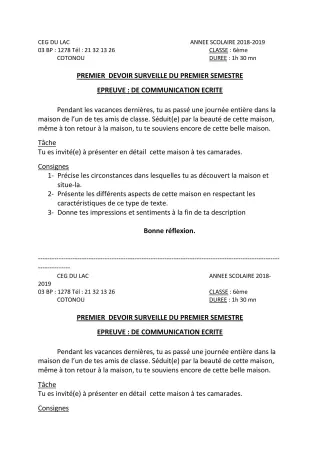 Première page de Français 6e — 1er devoir surveillé, 1er semestre (2018-2019) · CEG du Lac