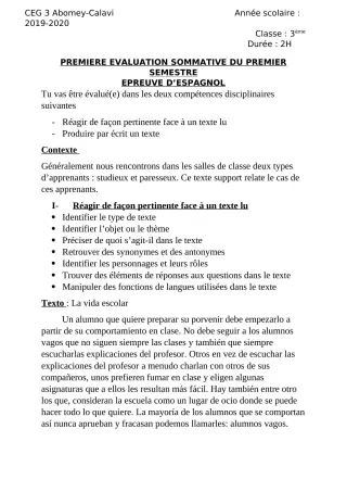 Première page de Espagnol 4e ML, 3e ML — 1re évaluation sommative, 1er semestre (2019-2020) · CEG3 ABOMEY CALAVI