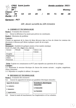 Première page de PCT 4e, 1ère C, 1ère D — 1er devoir surveillé, 1er trimestre (2021-2022) · CPEG SAINT Justin