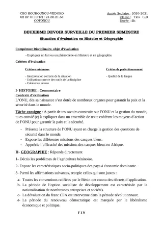 Première page de Histoire-Géographie Tle C, Tle D — 2e devoir surveillé, 1er semestre (2020-2021) · CEG Kouhounou-Vêdoko