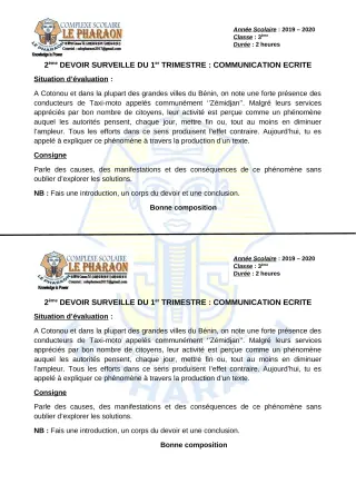 Première page de Français 3e, 3e ML — 2e devoir surveillé, 1er trimestre (2019-2020) · CPEG LE PHARAON