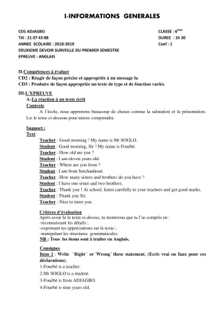 Première page de Anglais 6e — 2e devoir surveillé, 1er semestre (2018-2019) · CEG ADJAGBO