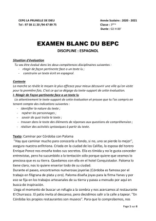 Première page de Devoir surveillé de ESPAGNOL — 4e, 3e ML, 2nde B — CEPG La Prunelle de Dieu (2020)
