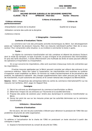 Première page de Histoire-Géographie Tle A2 — 2e devoir surveillé, 2e semestre (2022-2023) · CEG SEKERE