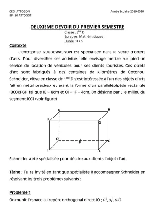Première page de Mathématiques 1ère D — 2e devoir surveillé, 1er semestre (2019-2020) · CEG Attogon