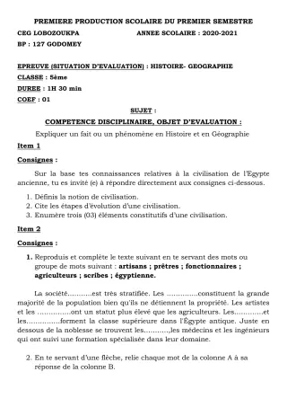 Première page de Histoire-Géographie 5e — 1re production scolaire, 1er semestre (2020-2021) · CEG Lobozounkpa