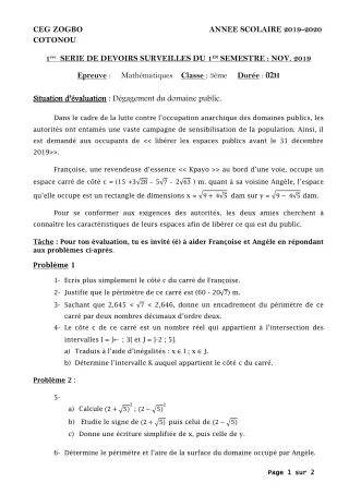 Première page de Mathématiques 3e, 3e ML — 1er devoir surveillé, 1er semestre (2019-2020) · CEG ZOGBO