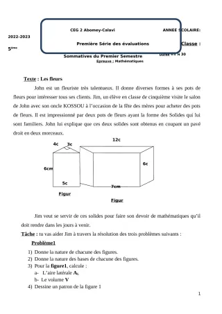 Première page de Mathématiques 5e — Devoir surveillé, 1er semestre (2022-2023) · CEG2 ABOMEY - CALAVI (CEG ZOCA)