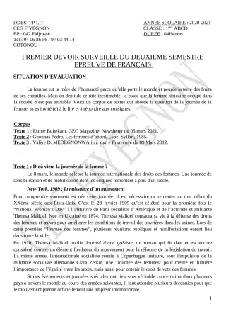 Première page de Français 1ère A2, 1ère B, 1ère C, 1ère D — 1er devoir surveillé, 2e semestre (2020-2021) · CEG FIYEGNON