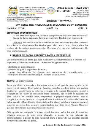 Première page de Espagnol 3e — 2e production scolaire, 1er semestre (2023-2024) · CEG1 Ikpinlè