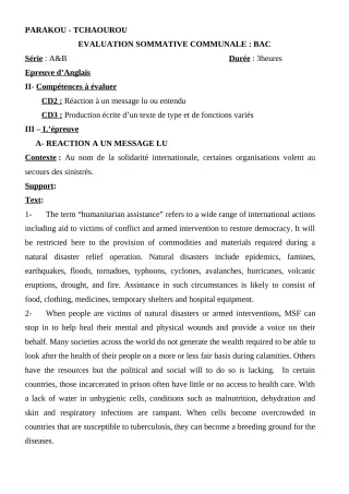 Première page de Anglais Tle A & B, Tle A2 — Évaluation sommative (2018-2019) · CEG Banikanni
