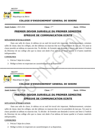 Première page de Français 5e — 1er devoir surveillé, 1er semestre (2023-2024) · CEG SEKERE