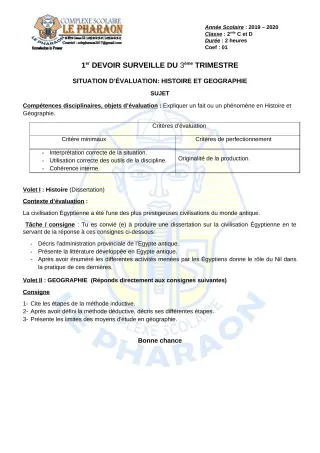 Première page de Histoire-Géographie 2nde C, 2nde D — 1er devoir surveillé, 3e trimestre (2019-2020) · CPEG LE PHARAON