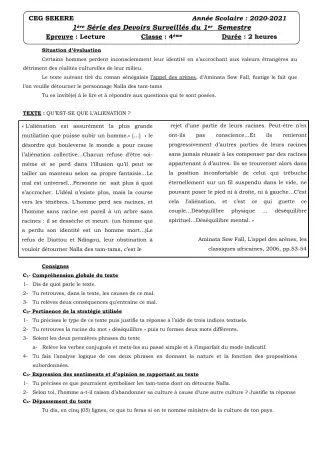 Première page de Français 4e — 1er devoir surveillé, 1er semestre (2020-2021) · CEG SEKERE