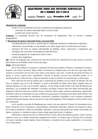 Première page de Espagnol 2nde A1, 2nde A2, 2nde B — Devoir surveillé (2017-2018) · CEG1 Covè