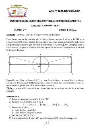 Première page de Mathématiques 6e, 5e, 4e, 4e ML, 3e, 3e ML — 2e devoir surveillé, 1er semestre (2018-2019) · CEG TAMPÈGRÉ