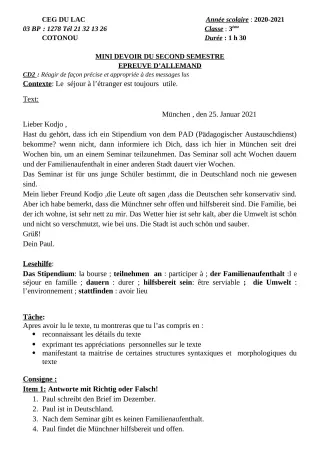 Première page de Allemand 3e ML — 1er devoir surveillé, 2e semestre (2020-2021) · CEG du Lac