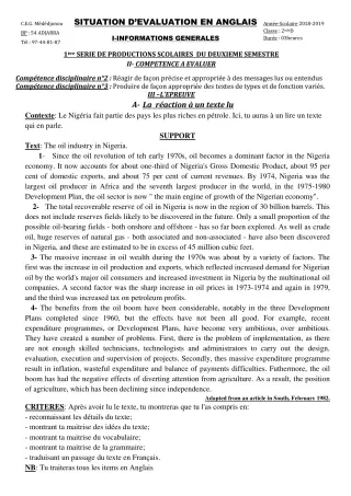 Première page de Anglais 2nde D — 1re production scolaire, 2e semestre (2018-2019) · CEG Mèdédjonou