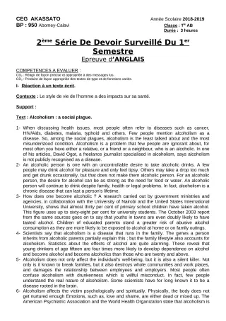 Première page de Anglais 6e, 5e, 4e ML&MC, 3e, 3e ML, 2nde A & B, 2nde C, 2nde D, 1ère A, 1ère B, 1ère C, 1ère D, Tle A1, Tle A2, Tle B, Tle C, Tle D — 2e devoir surveillé, 1er semestre (2018-2019) · CEG Akassato