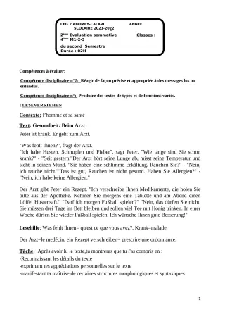 Première page de Allemand 4e — 2e évaluation sommative, 2e semestre (2021-2022) · CEG2 ABOMEY - CALAVI (CEG ZOCA)
