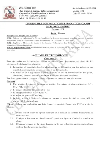 Première page de PCT 3e ML — Production scolaire, 1er semestre (2020-2021) · CEG Sainte Rita
