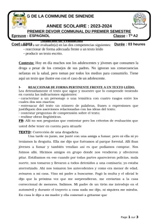 Première page de Espagnol Tle A2 — 1er devoir surveillé, 1er semestre (2023-2024) · CEG SEKERE