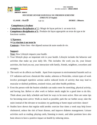 Première page de Anglais Tle A2, Tle D — 2e devoir surveillé, 1er semestre (2022-2023) · CEG SEKERE