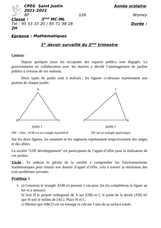 Première page de Mathématiques 3e — 1er devoir surveillé, 2e trimestre (2021-2022) · CPEG SAINT Justin