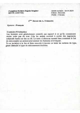 Première page de Français 2nde D — 2e devoir surveillé (2019-2020) · CPEG SEGUIN SENGHOR