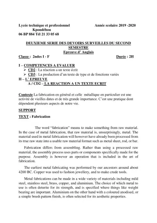 Première page de Anglais 2nde BTP, 2nde EL, 2nde F1, 2nde F2, 2nde F3, 2nde F4, 2nde FC, 2nde FM, 2nde IMI, 2nde MA, 2nde OG — 2e devoir surveillé, 2e semestre (2019-2020) · LT Professionnel de Kpondéhou