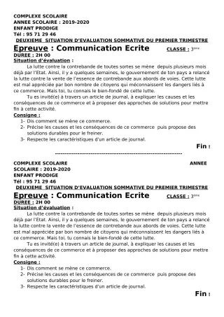 Première page de Français 3e, 3e ML — Évaluation sommative, 1er trimestre (2019-2020) · CPEG ENFANT PRODIGE