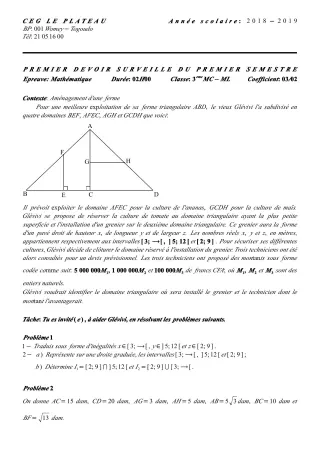 Première page de Mathématiques 3e ML — 1er devoir surveillé, 1er semestre (2018-2019) · CEG Le Plateau