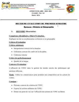 Première page de Histoire-Géographie Tle C, Tle D — 2e devoir surveillé, 1er semestre (2020-2021) · CEG1 Abomey-Calavi