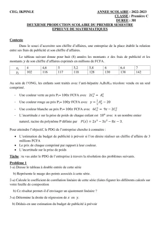 Première page de Mathématiques 1ère C — 2e production scolaire, 1er semestre (2022-2023) · CEG1 Ikpinlè